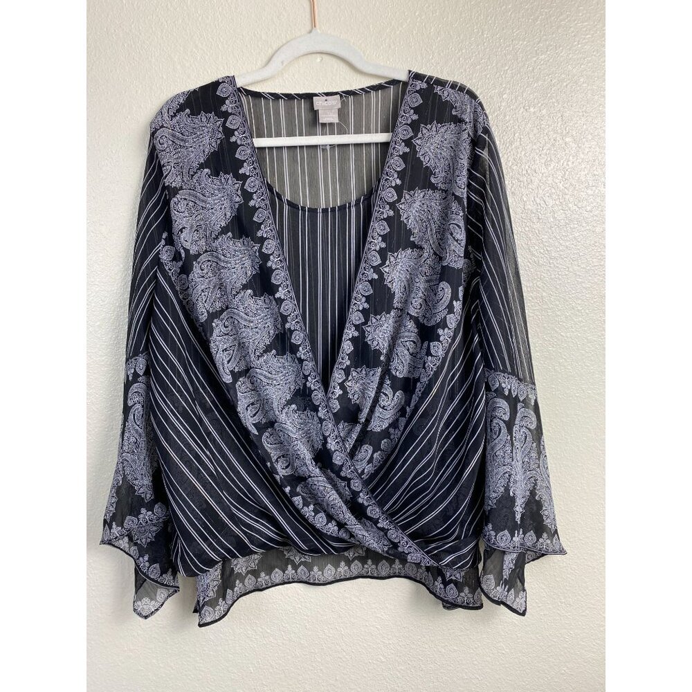 Chico's 1 Sheer Faux Wrap Blouse Paisley Long Sleeve Top Size Medium Lightweight